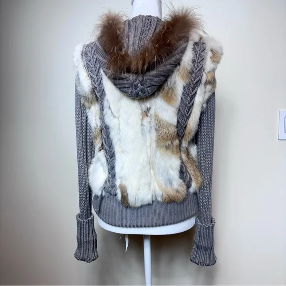 Rabbit Fur and Cable Knit Cardigan Jacket with Hood - Picture 4 of 15